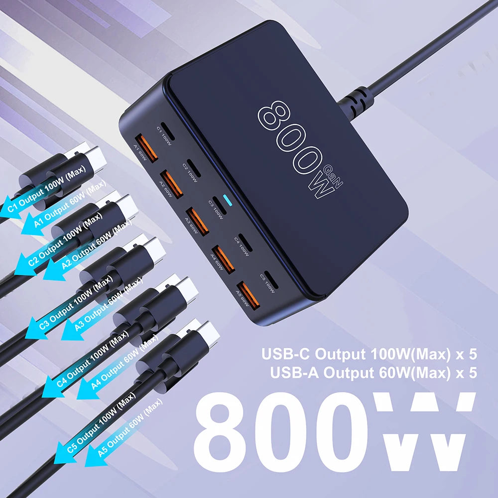 800W USB C GaN Charger 100W PD3.0 PPS QC3.0 Multiport Fast Charging Station for iPhone 15 16 Samsung Macbook Pro Laptops Tablets