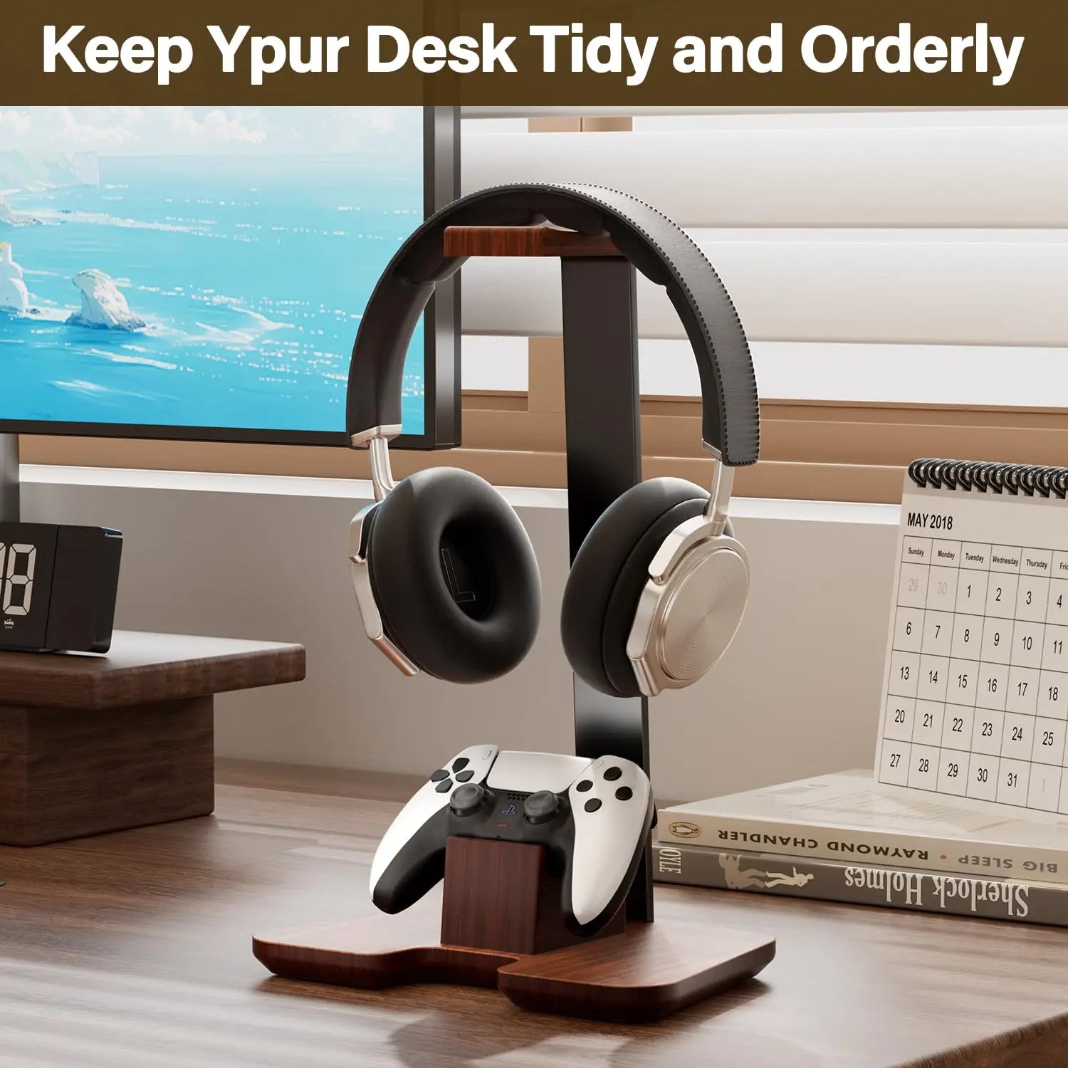 Universal Headphones Stand Controller Holder Walnut Wood+Aluminum Alloy Headset Earphones  Desktop Bracket Gamer Handle Hanger