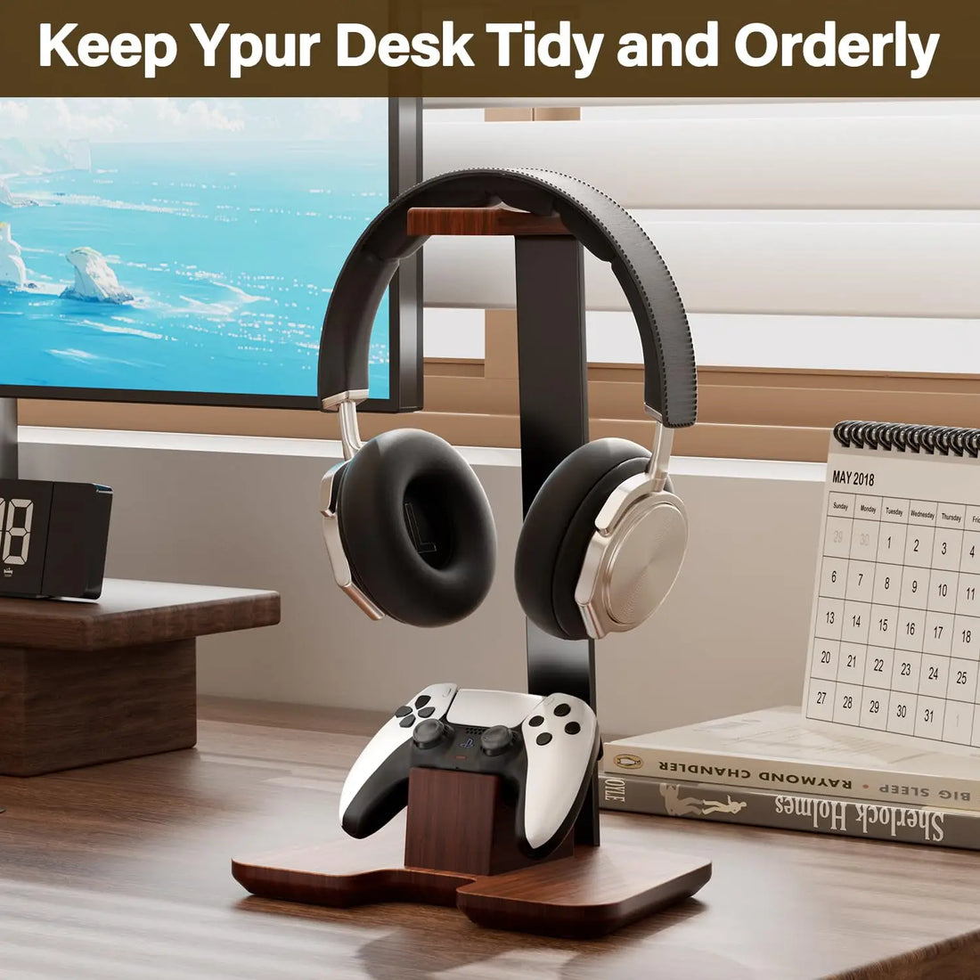 Universal Headphones Stand Controller Holder Walnut Wood+Aluminum Alloy Headset Earphones  Desktop Bracket Gamer Handle Hanger