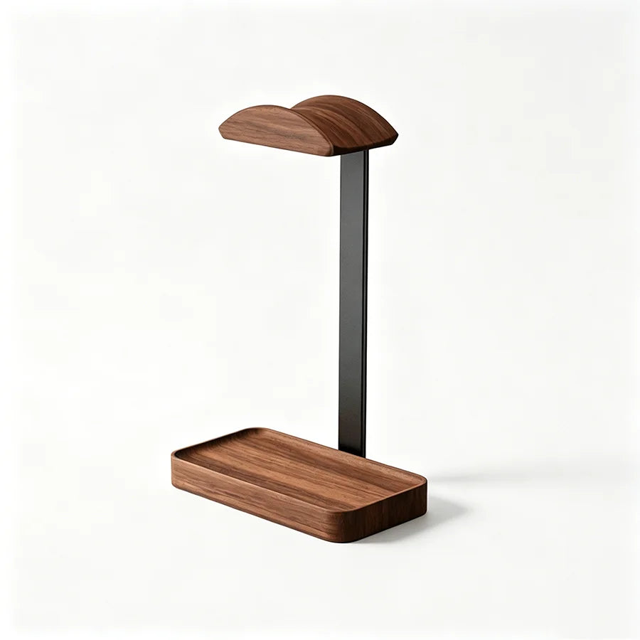 Solid Wood Headphones Stand Black Walnut+Aluminum Alloy Gaming Headset Holder Desktop Bracket Display Shelf with Storage Base